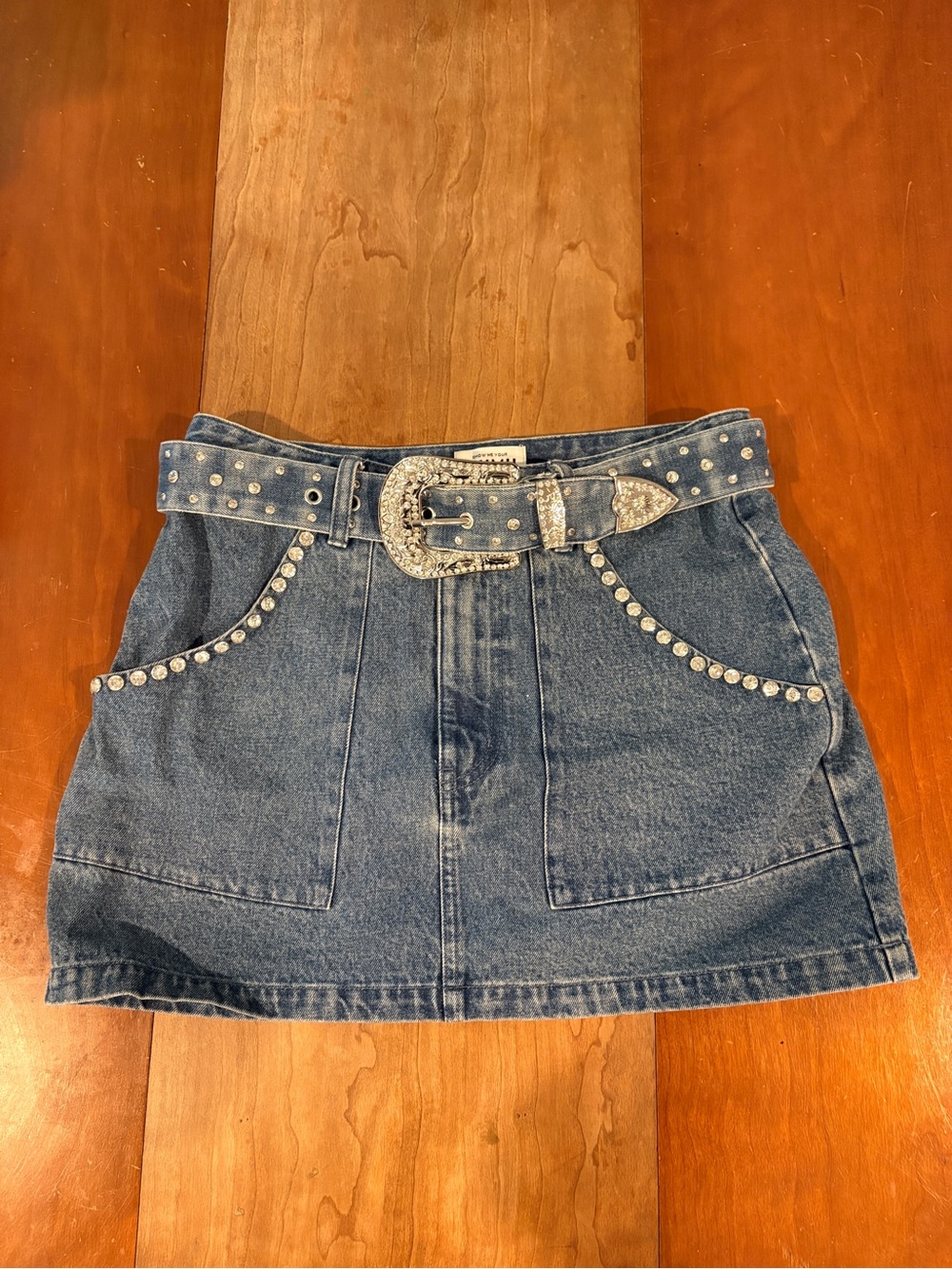 Show Me Your MuMu Denim Mini Skirt with Studded Belt